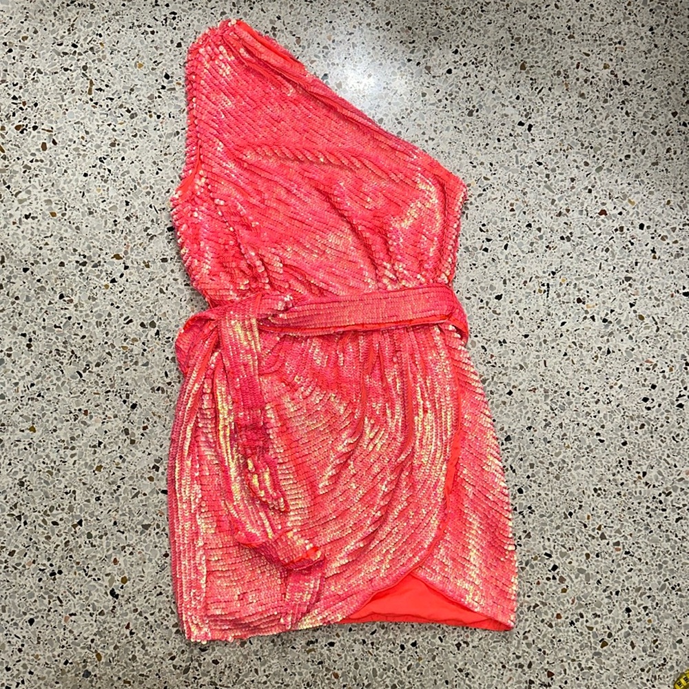 EUC ASOS coral orange sequin one shoulder mini dress 4